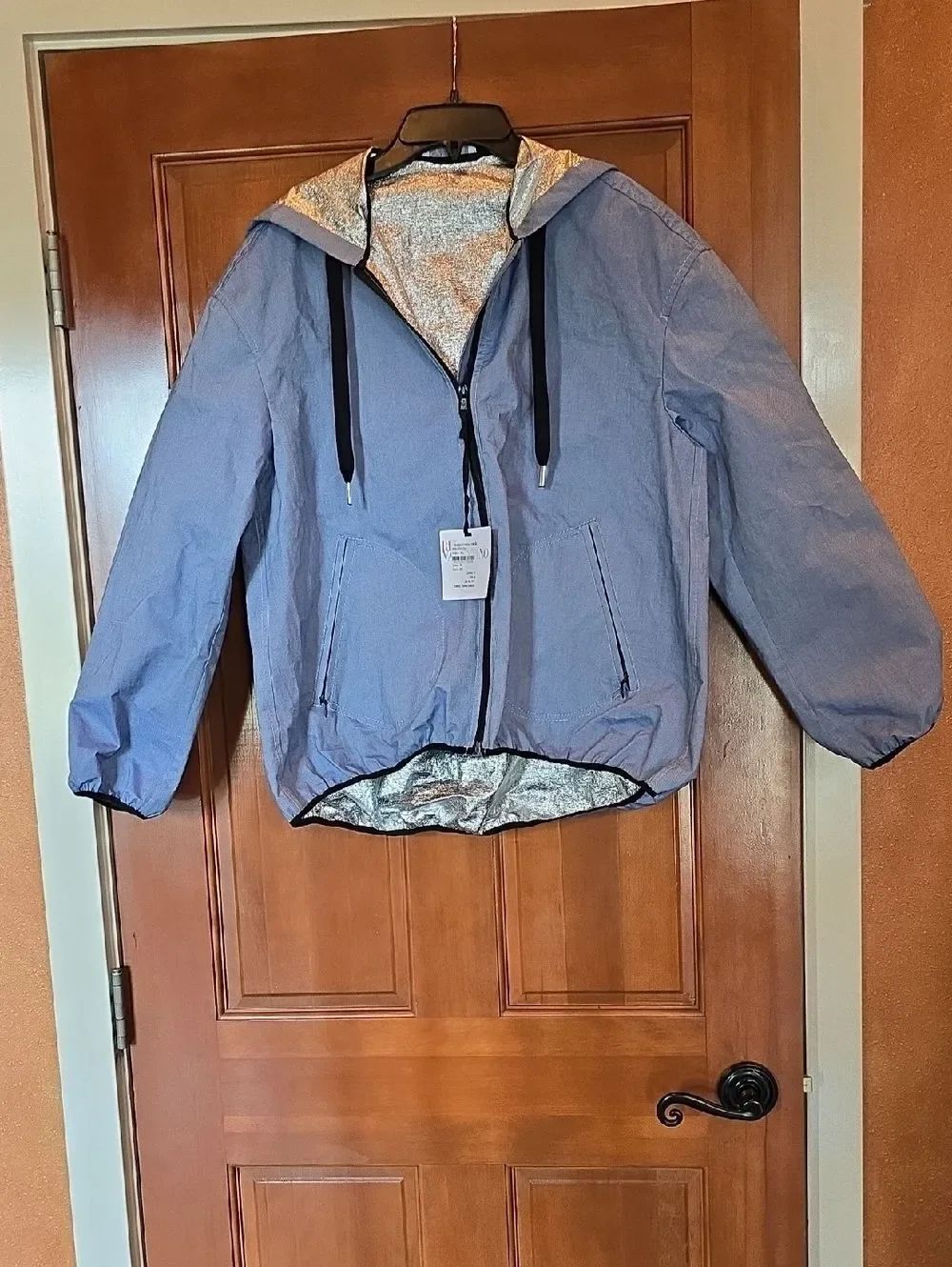 Valentino Women's Light Blue Hooded Rain Jacket. Size 40 or Lg.
